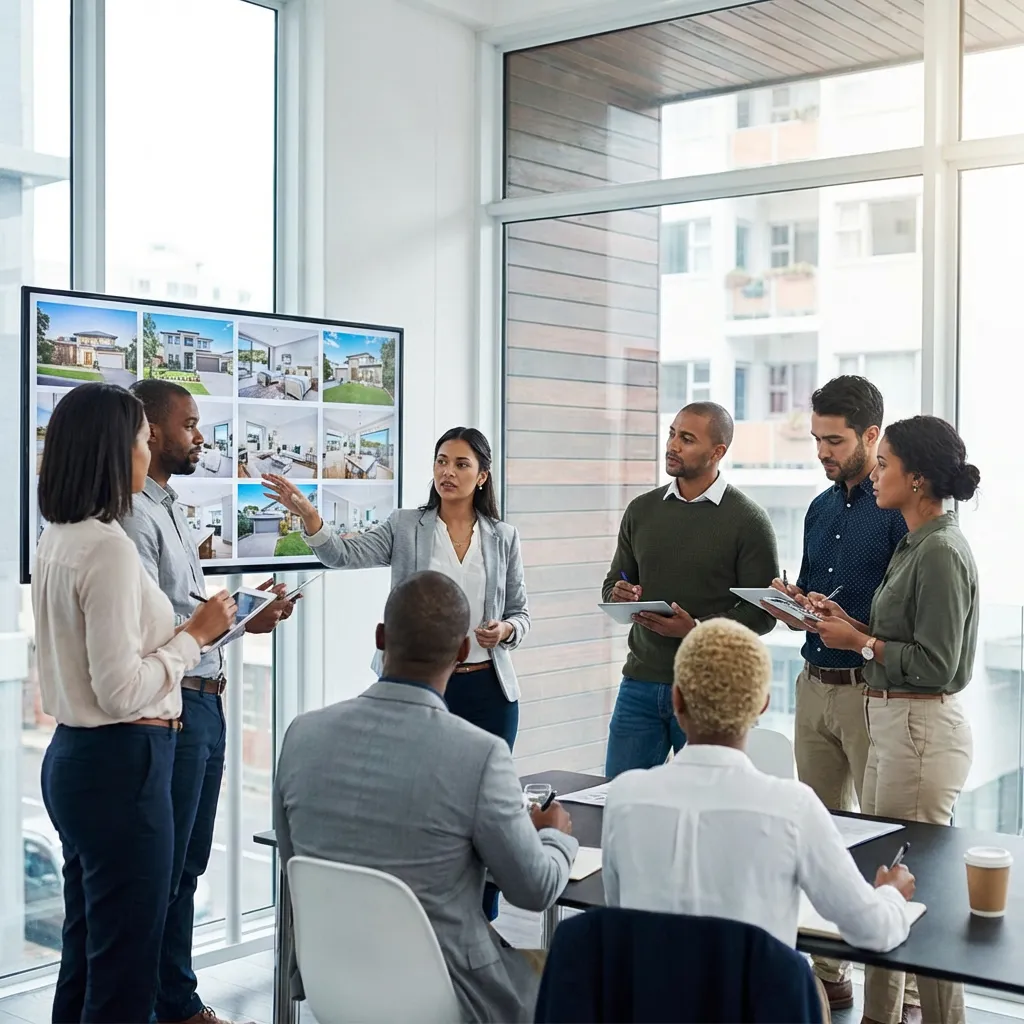 Equipo de ventas inmobiliarias usando CRM en múltiples pantallas en España