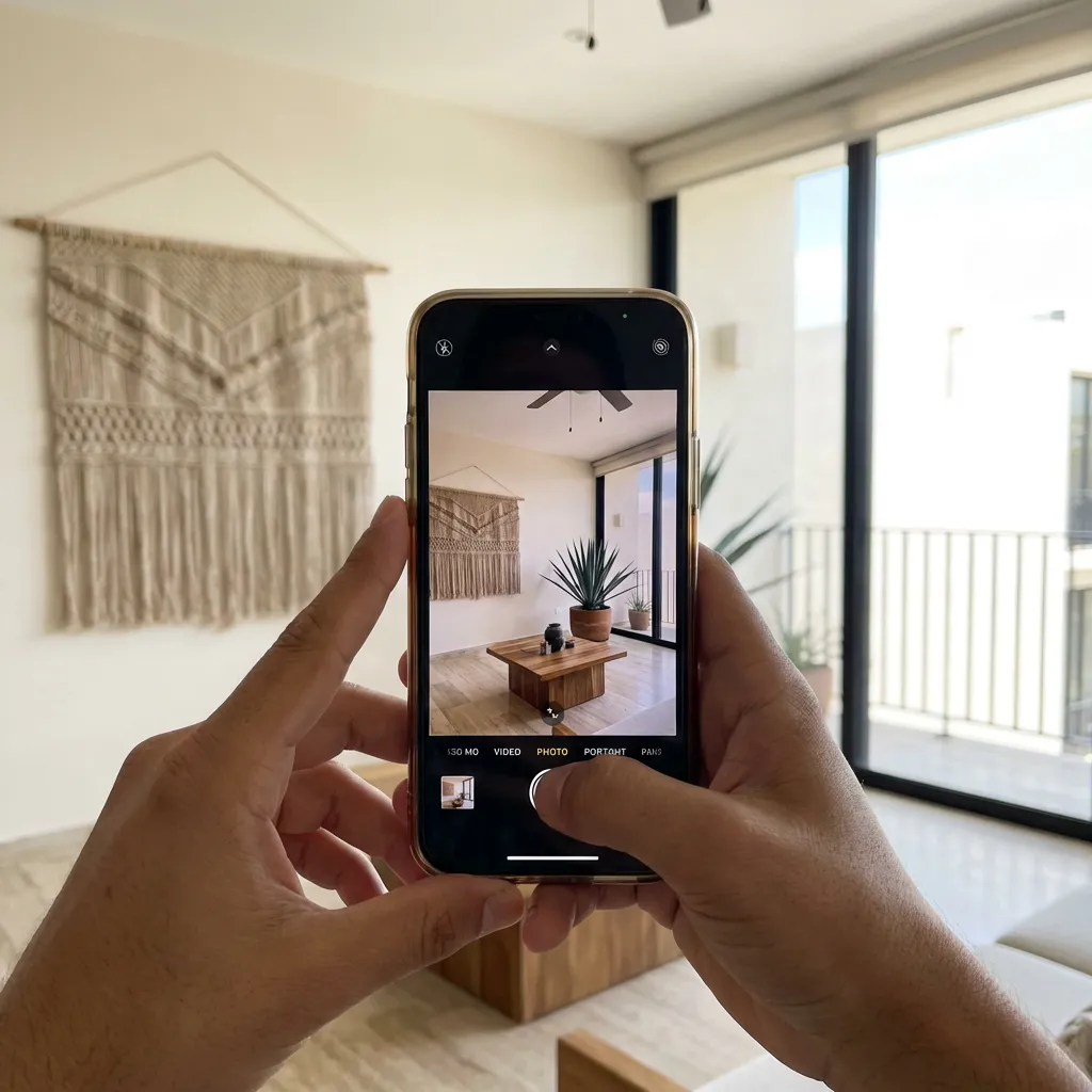 Manos tomando foto de interior de departamento sin mostrar la cara en México