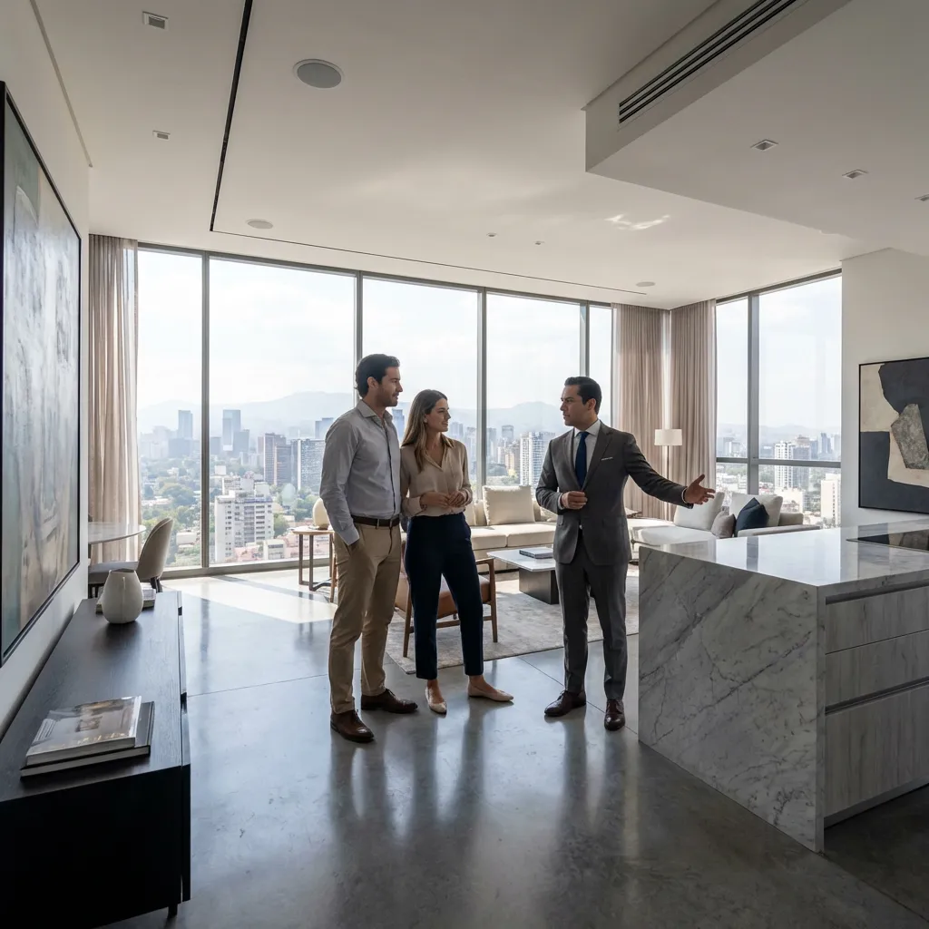 Comprador cualificado visitando apartamento con agente en Panamá