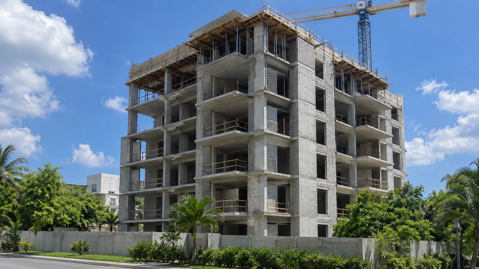 Facebook Ads para inmobiliarias en República Dominicana: edificio de apartamentos en construcción con losas de hormigón y grúa