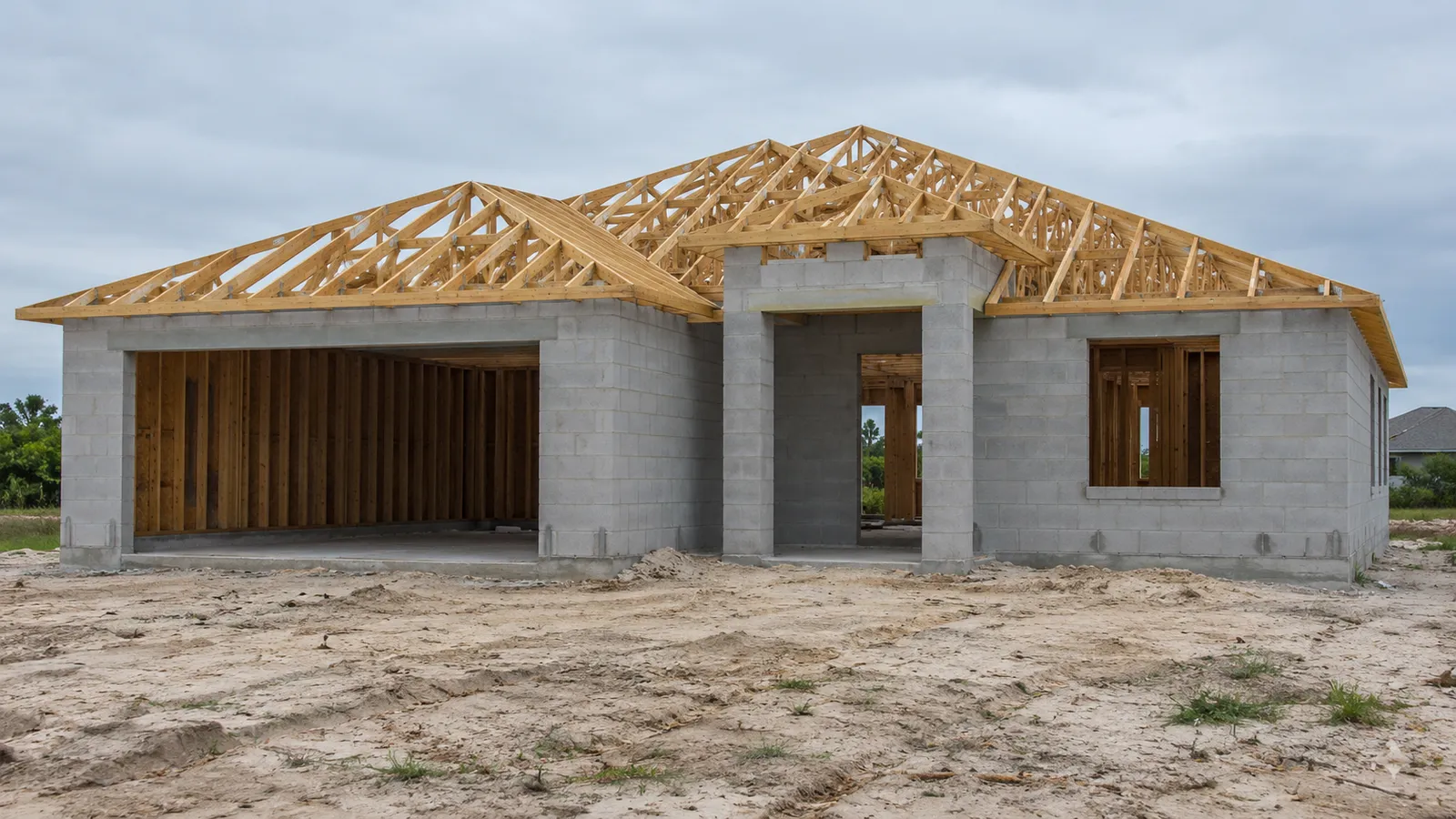 Home builder marketing agency in Florida: new concrete-block home with roof trusses under construction on a sandy lot
